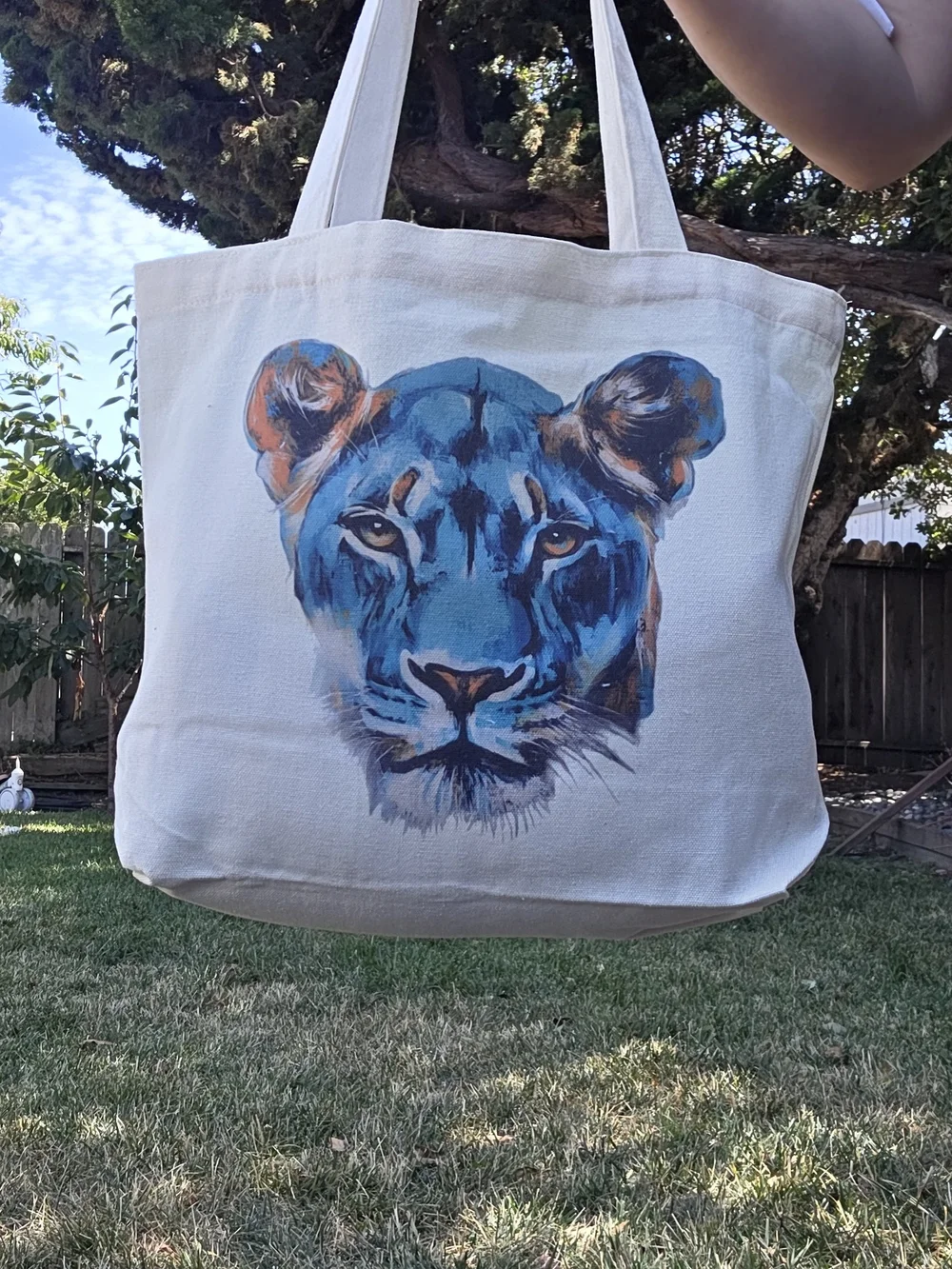 Canvas Tote Bag with Lioness and Cub Artwork - Natural